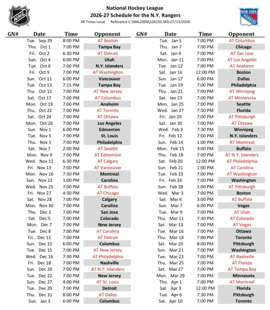 2026-27 Rangers Schedule