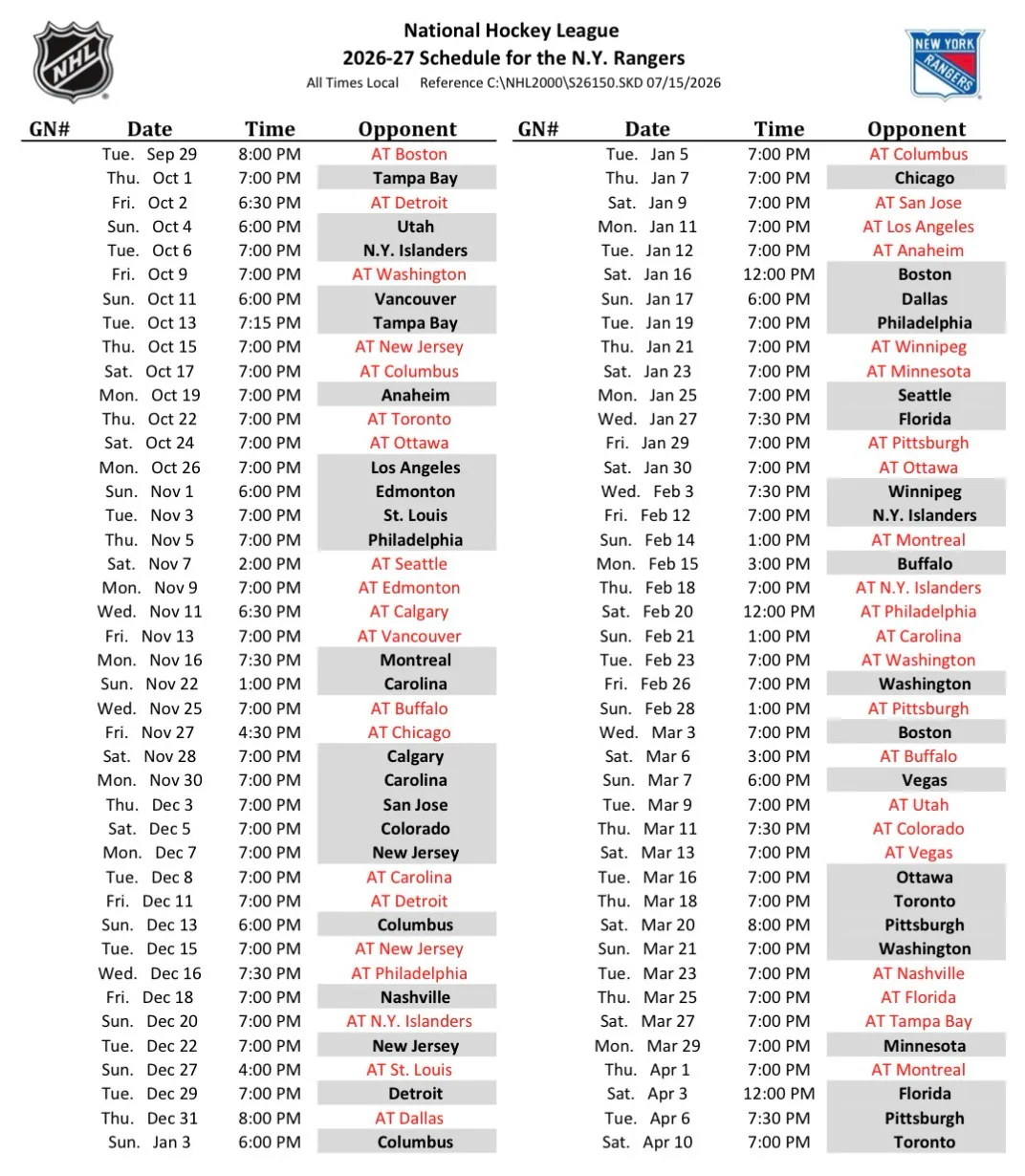 2026-27 Rangers Schedule
