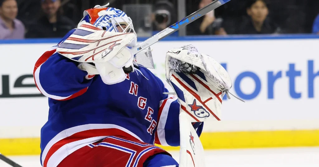 Rangers netminder Igor Shesterkin scores his first goal